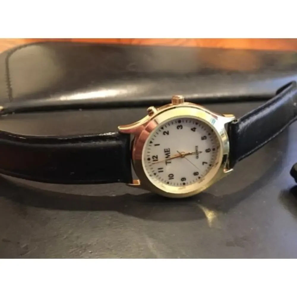 Unisex Gold Tone Time Magazine Watch, Black Band
